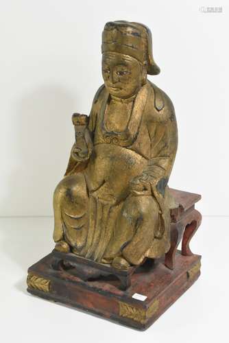 Bouddha en bois sculpté et patiné (Ht 40cm)