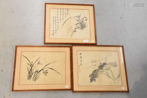 Série de trois dessins asiatiques anciens, signés (27 x 33cm)