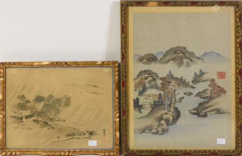 Deux dessins asiatiques anciens sur papier et tissu (18 x 24cm) et (29 x 21cm)