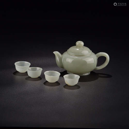 HETIAN GREEN JADE TEA SET FOR 5