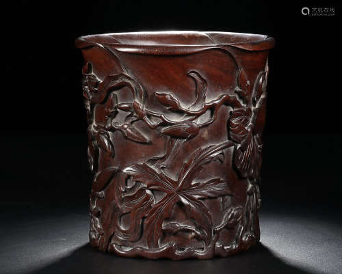 A ZITAN WOOD CARVED FLOWERS BRUSH POT