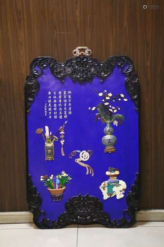 A ZITAN WOOD PAINTED EMBEDED TREASURE POETRY HANGING SCREEN