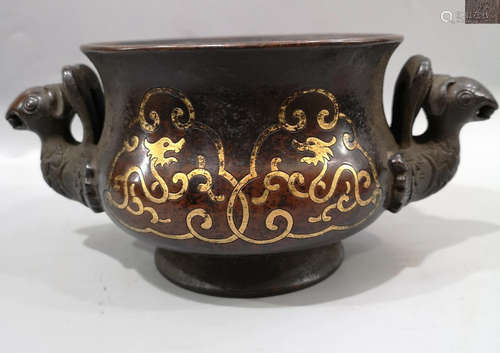 A PURPLE COPPER GILT BRONZE DRAGON PATTERN PHONEX SHAPED EAR CENSER