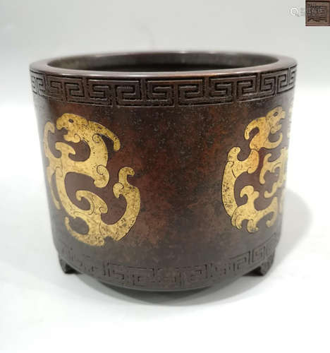 A PURPLE COPPER GILT BRONZE DRAGON PATTERN ROUND CENSER