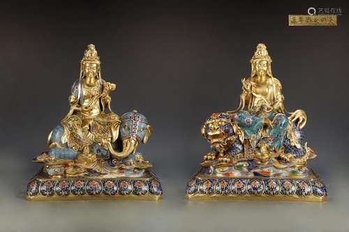 A PAIR OF BRONZE CLOISONNE ENAMELING BLUE 'WENSHUPUXIAN'BUDDHA