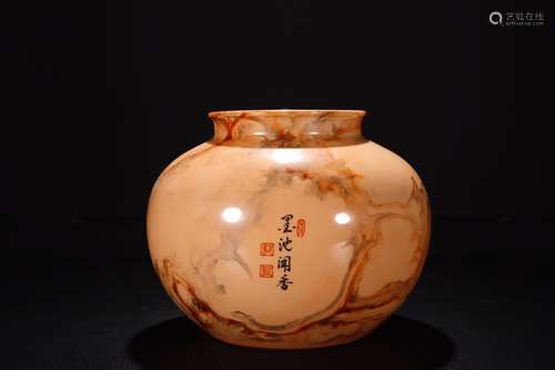 A QIANLONG MARK WOOD GRAIN GLAZE PEOTRY JAR