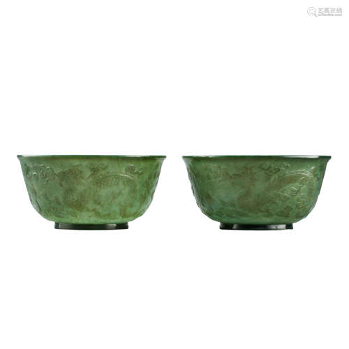 PAIR OF CHINESE SPINACH JADE DRAGON BOWL