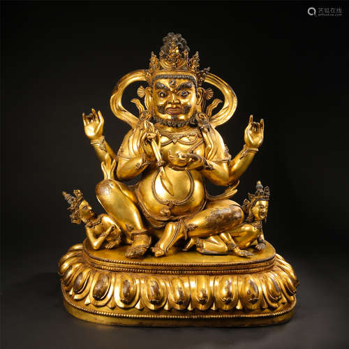 LARGE CHINESE GILT BRONZE SEATED GOD OF WEALTH