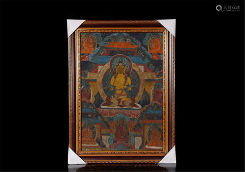 FRAMED TIBETAN THANGKA OF SEATED BUDDHA