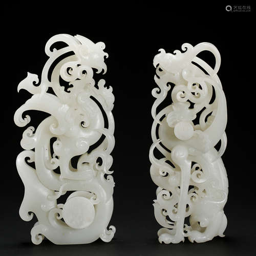 PAIR OF CHINESE WHITE JADE PHOENIX TABLE ITEM