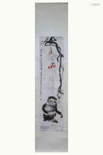 CHINESE SCROLL PAINTING OF MONKEY AND PEACH