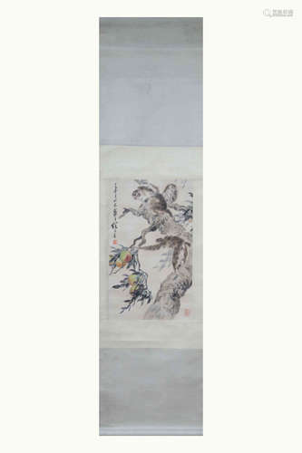 CHINESE SCROLL PAINTING OF MONKEY AND PEACH