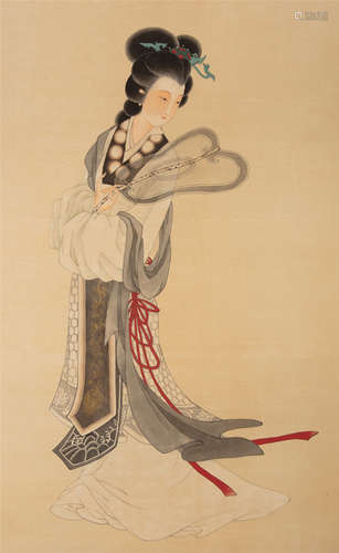 CHINESE SCROLL PAINTING OF BEAUTY WITH CALLIGRAPHY