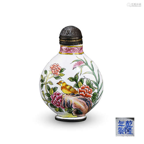 CHINESE ENAMEL BIRD AND FLOWER SNUFF BOTTLE