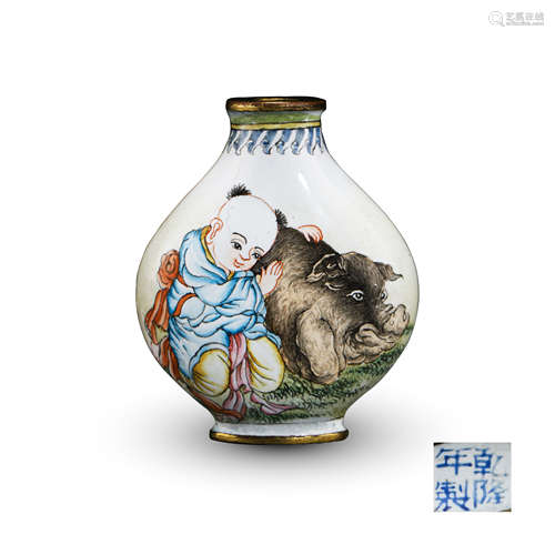 CHINESE ENAMEL BOY AND PIG SNUFF BOTTLE