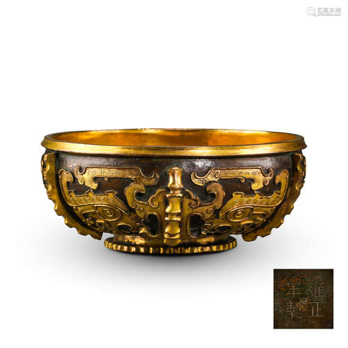 CHINESE GILT BRONZE BEAST BOWL