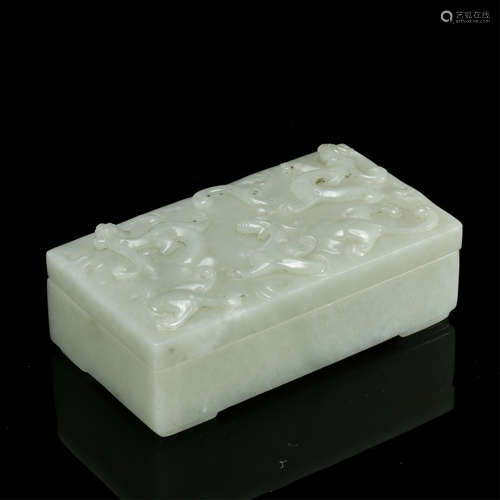 CHINESE CELADON JADE DRAGON LIDDED SQUARE BOX