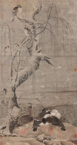 CHINESE SCROLL PAINTING OF BIRD AND WILLOW