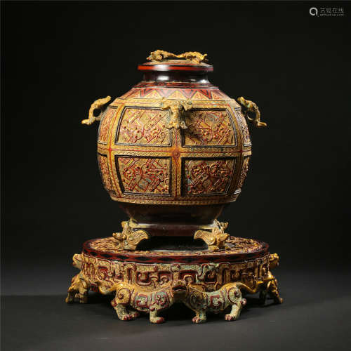 CHINESE LACQUER BRONZE BREAST FEET LIDDED CENSER