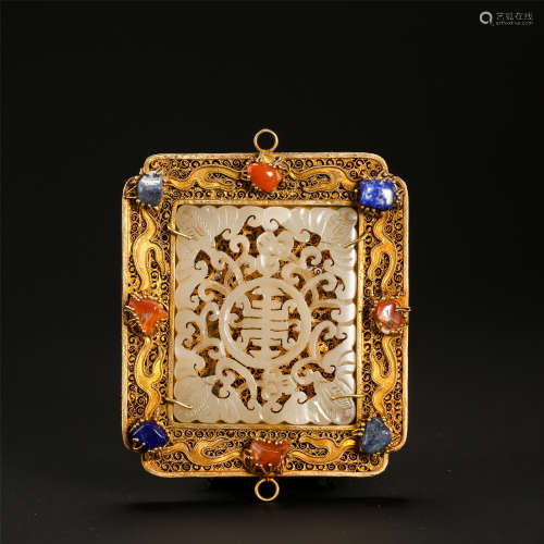 CHINESE GILT SILVER COVERED WHITE JADE PLAQUE