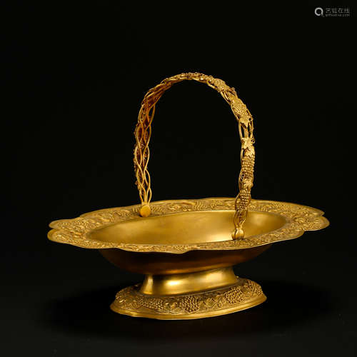 CHINESE GILT BRONZE HANDLED BASKET