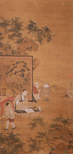 CHINESE SCROLL PAINTING OF MEN IN GARDEN