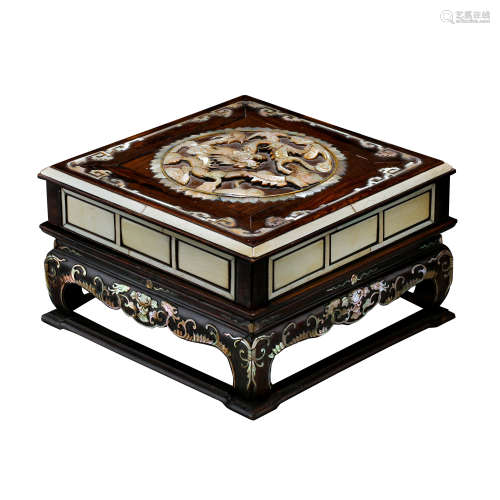 CHINESE MOTHER OF PEARL INLAID HARDWOOD ZITAN CASE WITH STAND