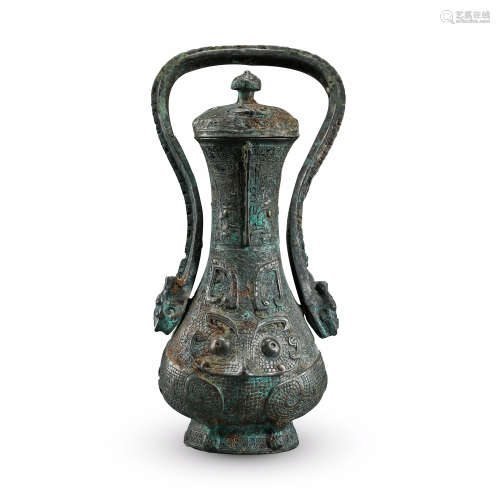 CHINESE ANCIENT BRONZE LONG HANDLE LIDDED VASE WARRING PERIOD