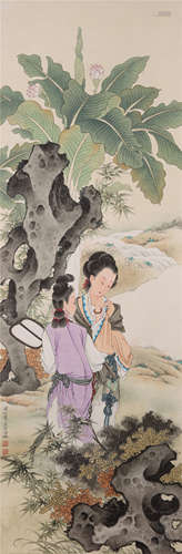 CHINESE SCROLL PAINTING OF BEAUTY IN GARDEN