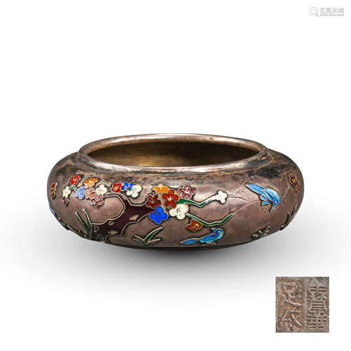 CHINESE SILVER ENAMEL BIRD AND FLOWER BOWL