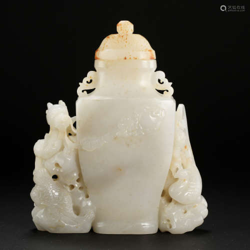 CHINESE WHTIE JADE DRAGON LIDDED SQUARE VASE