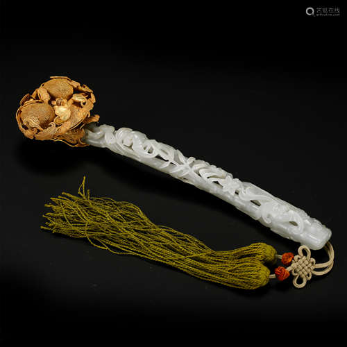 CHINESE GOLT COVERED WHITE JADE RUYI SCEPTER