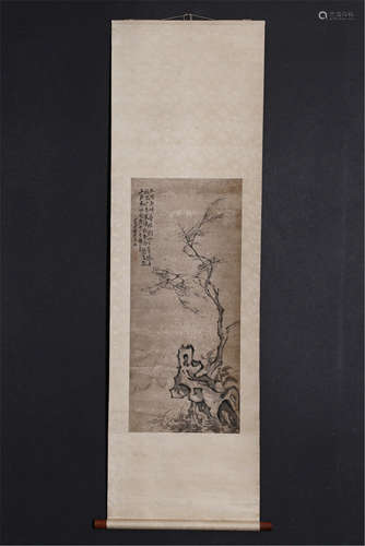 CHINESE SCROLL PAINRING OF TREE AND ROCK