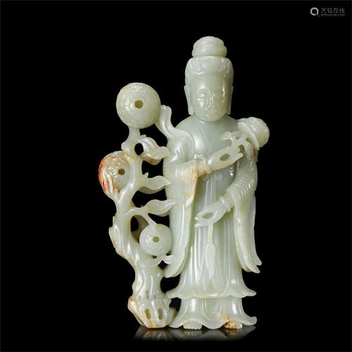 CHINESE CELADON JADE STANDING GUANYIN WITH LOTUS