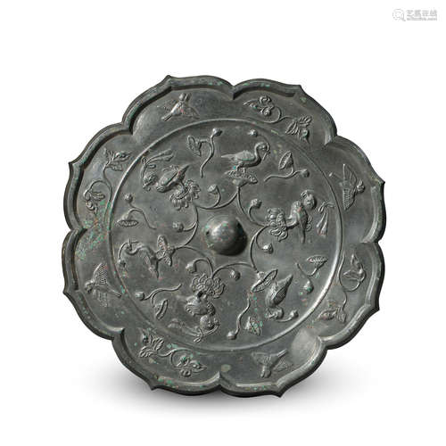 CHINESE BRONZE FLOWER SHAPED BIRD AND FLOWER MIRROR