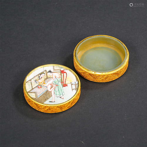 CHINESE PURE GOLD ENAMEL JADE LIDDED BOX