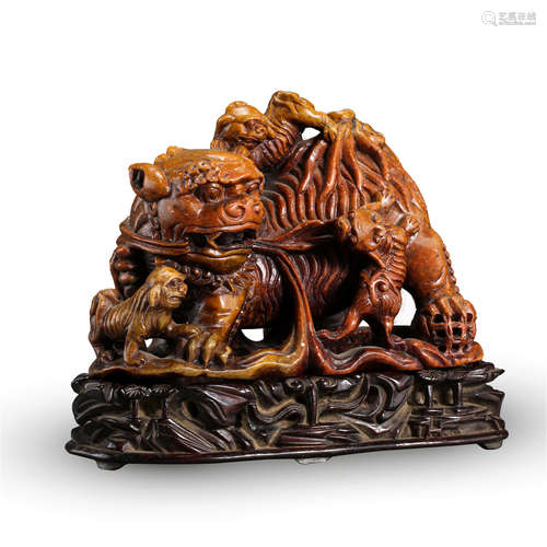 CHINESE SOAPSTONE BEAST ON ROSEWOOD TABLE ITEM