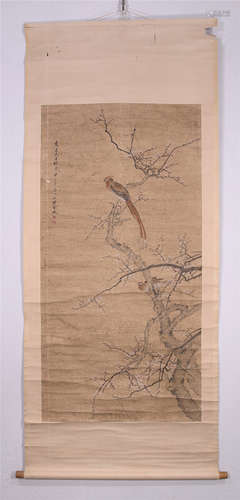 CHINESE SCROLL PAINTING OF BIRD ON TREE