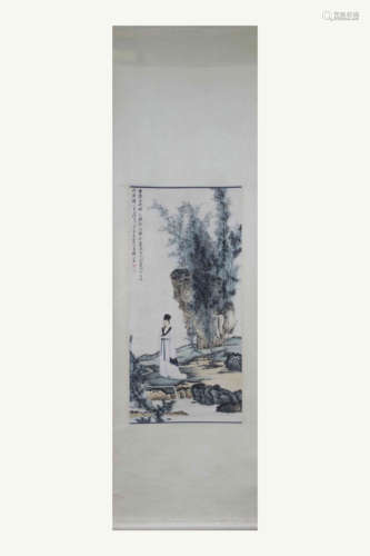 CHINESE SCROLL PAINTING OF MAN IN BAMBOO