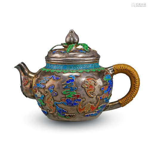 CHINESE SILVER ENAMEL BAT AND PEACH TEA POT