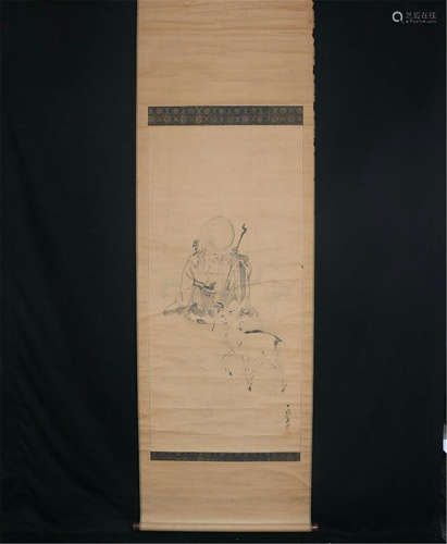 CHINESE SCROLL PAINRING OF OLD MAN AND DEER