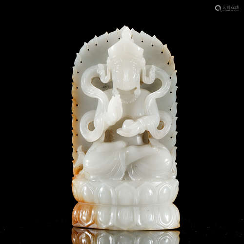 CHINESE CELADON JADE SEATED GUANYIN IN LOTUS NICHE