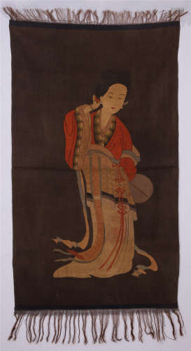 CHINESE EMBROIDERY TAPESTRY OF STANDING BEAUTY