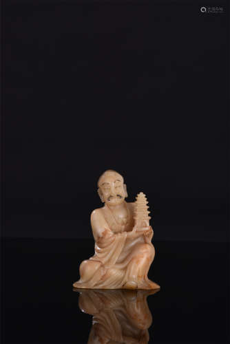 CHINESE SOAPSTONE SEATED LOHAN WITH TOWER ON HAND