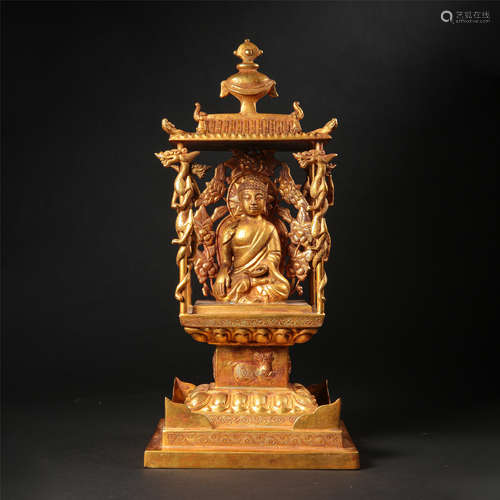 CHINESE GILT BRONZE SEATED BUDDHA IN NICHE