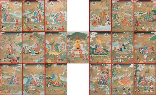 A SET OF NINETEEN TIBETAN THANGKA OF SEATED BUDDHA