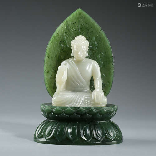 CHINESE WHITE JADE SEATED BUDDHA ON SPINACH JADE STAND