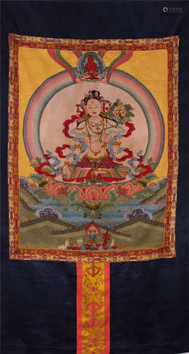 TIBETAN EMBROIDERY THANGKA OF SEATED BUDDHA