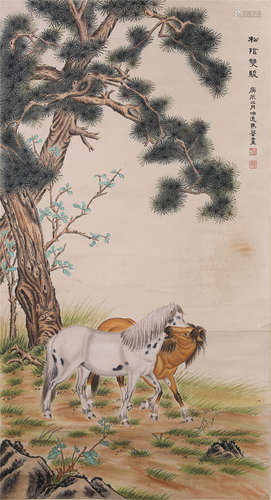 CHINESE SCROLL PAINTING OF HORSE UNDER PINE