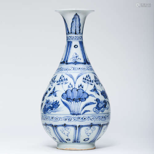 CHINESE PORCELAIN BLUE AND WHITE DUCK AND LOTUS YUHCHUN VASE